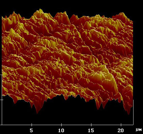 Atomic force micrograph of the surface of a plastic ID card. Although there are no fibres, there are still slight undulations to the surface. These form the fingerprint for plastic items. (Picture by Gang Xiong, Durham University)