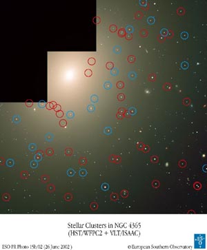 The distribution of old (red circles) and young (blue circles) stellar clusters in NGC 4365