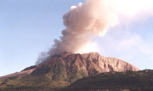 The Soufrière Hills volcano in Montserrat with pyroclastic flow deposits visible on the left flank