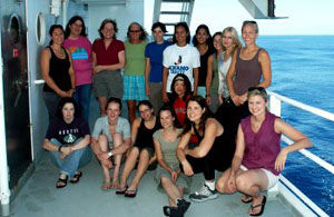 Janet Sprintall (standing, fourth from left) on board CLIVAR cruise R/V Roger Revelle.