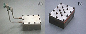 Photos of high-throughput reactor showing A) reactor with common headspace top plate (used for catalyst reduction) and B) reactor with isolated headspace plate (used for reaction and gas chromatograph analysis). (Credit: G. W. Huber, J. W. Shabaker)