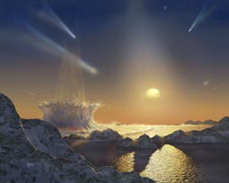 When world’s collide - Life would be tough indeed if it exists on a planet orbiting Tau Ceti, frequent meteor and comet strikes are likely. (Credit: David Hardy)