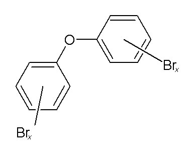 Generic structure of the PBDEs - Br<sub>x</sub> represents any available combination of bromine atoms on the two phenyl rings (Structure by David Bradley)”></p>
<p class=