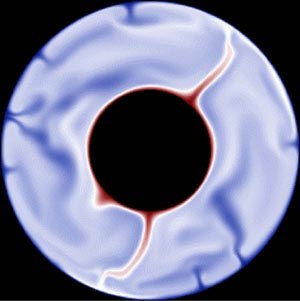 A simulation of the Earth’s mantle shows hot plumes (red) and material being subducted (blue) (From van Keken and Ballentine, 1998, 1999)