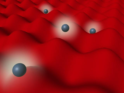 With no magnetic field to hold them in their cloud, atoms fall into the cups formed by two criss-crossing laser beams