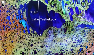 False-colour birds-eve view of the LANDSAT image of the largest oriented lake in northern Alaska (in fact, several merged lakes) (Credit: NASA)