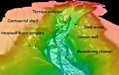 Eastward view toward Monterey Canyon head from a position 2 km down canyon from the shore derived from a digital elevation model