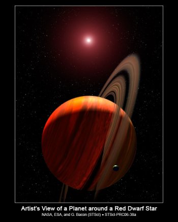 Artist’s impression of a gas giant orbiting a red dwarf star (Credit: NASA, ESA, and G. Bacon (STScI))