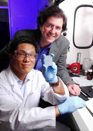 Team member Philseok Kim and Joe Perry (right) show off their nanocomposite capacitor