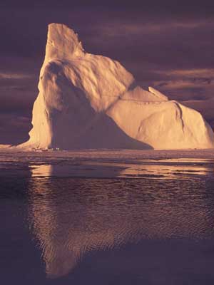 Iceberg off Baffin Island, Nunavut, Canada, showing foreground meltwater ponds. (Credit: Sandy Briggs.)